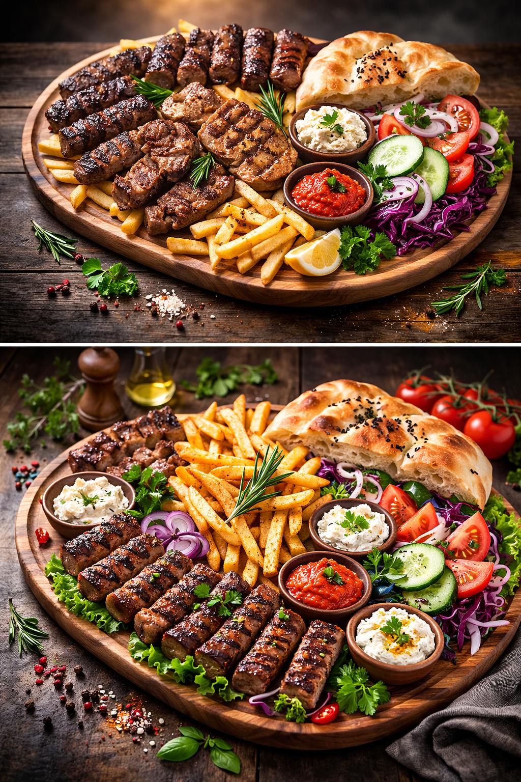 Große gemischte Grillplatte mit Köfte, Fleischspießen, Pommes und frischen Salaten